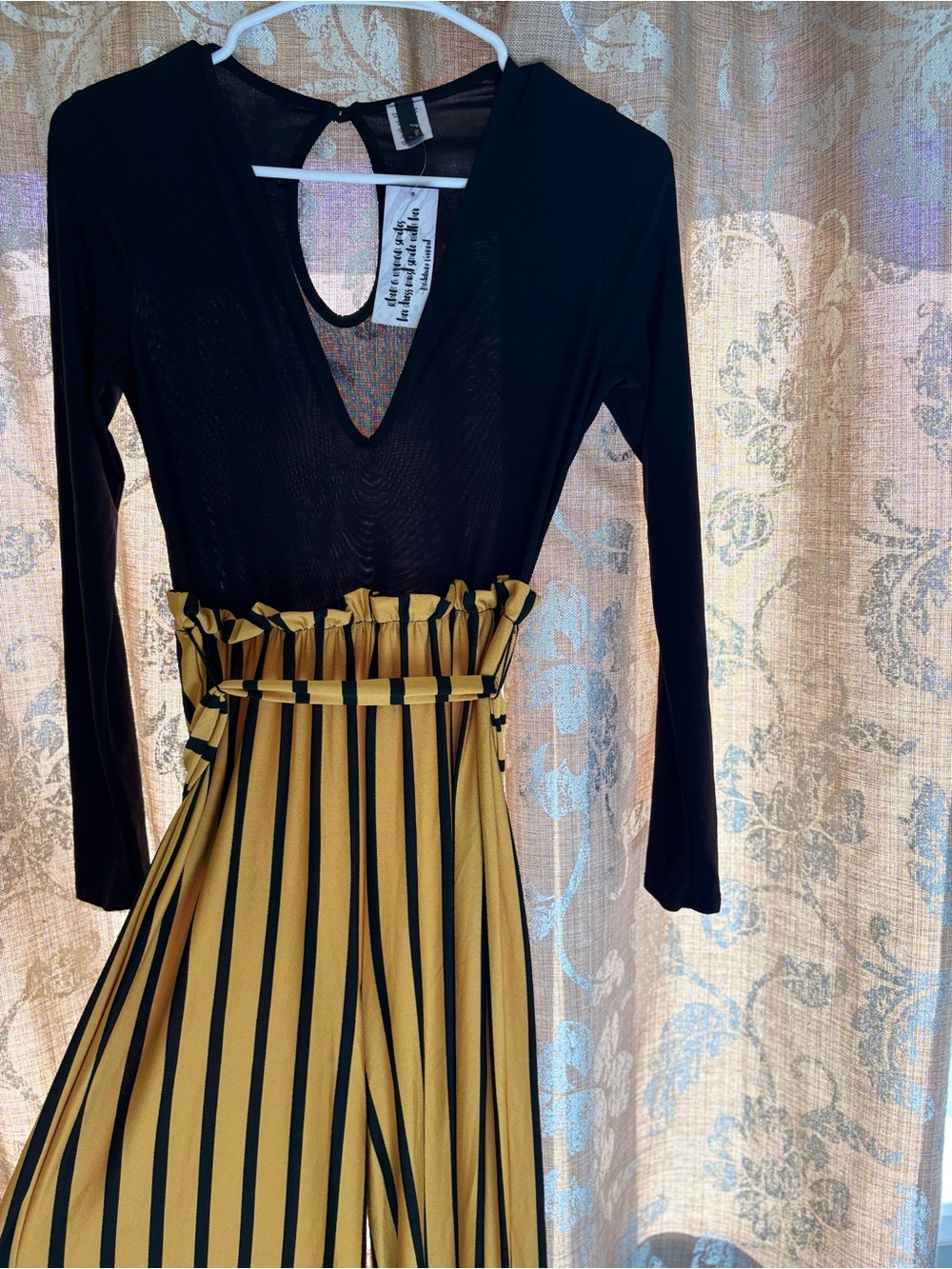 Striped Mustard & Black Waist-Detail Jumpsuit
